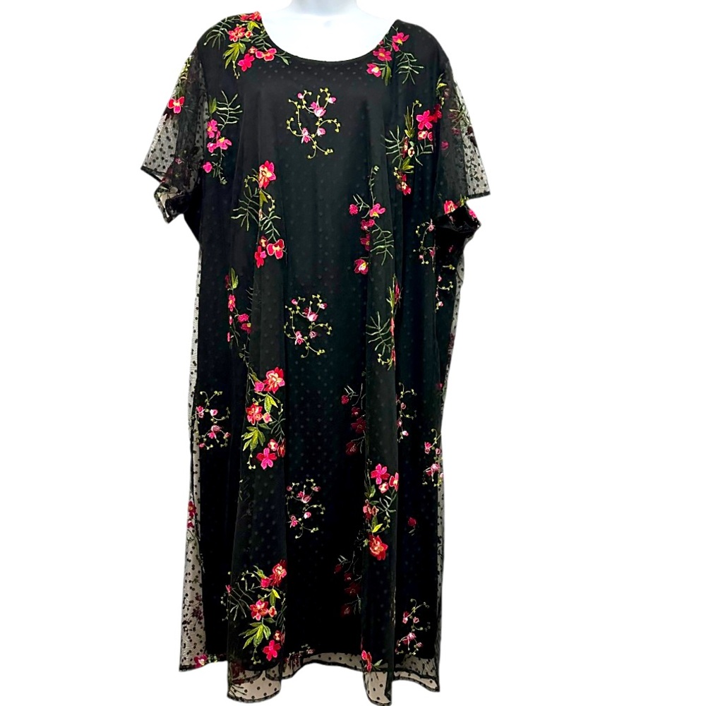 Catherines Black Maxi Dress with Pink & Green Floral Embroidery